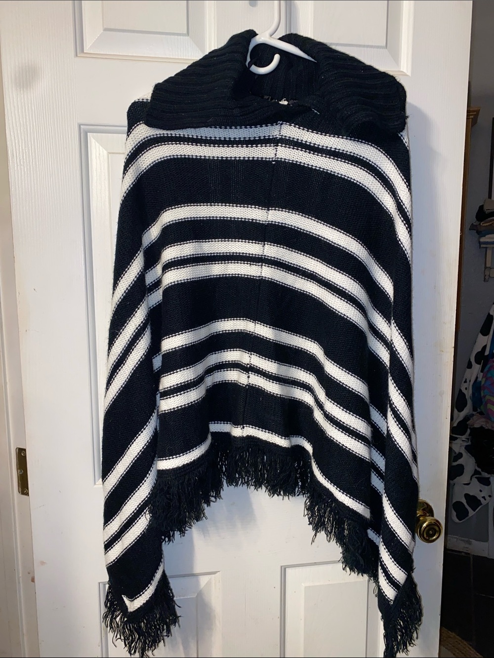 Black & White Striped Fringe Sweater Poncho
